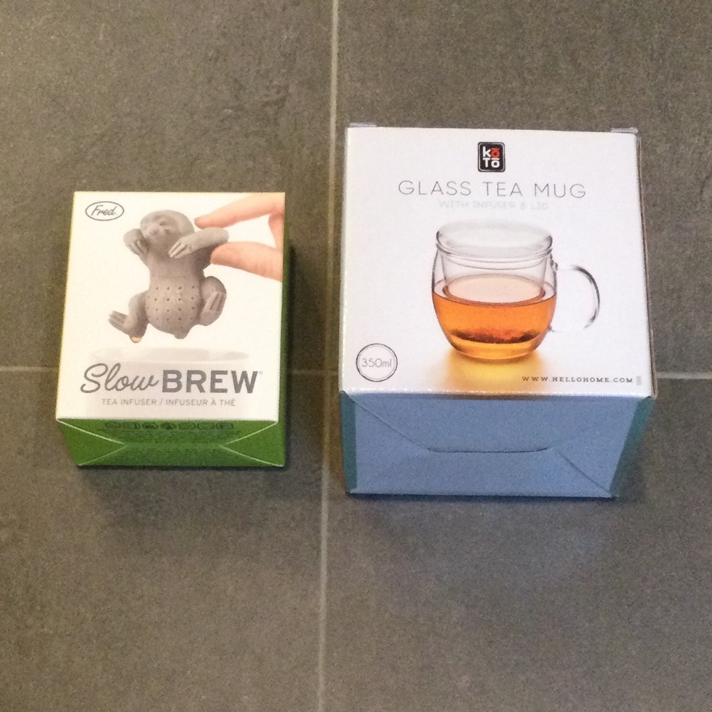 Glass tea mug and sloth slow brew infuser